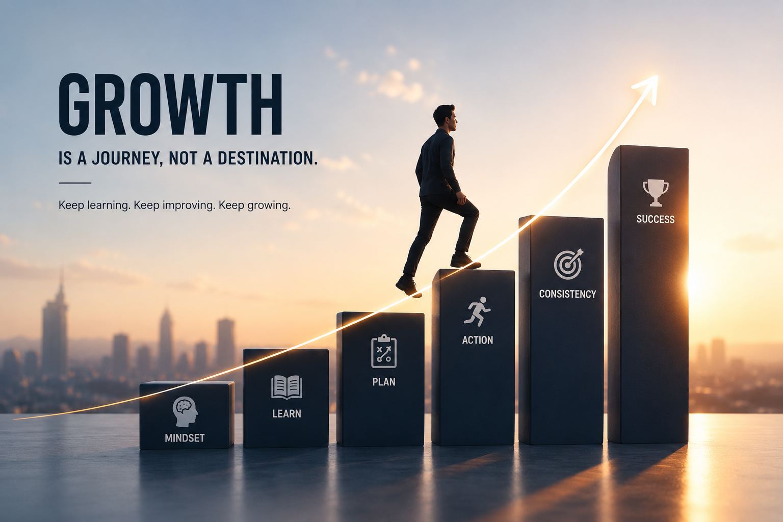 Growth is a journey, not a destination — mindset, learn, plan, action, consistency, success